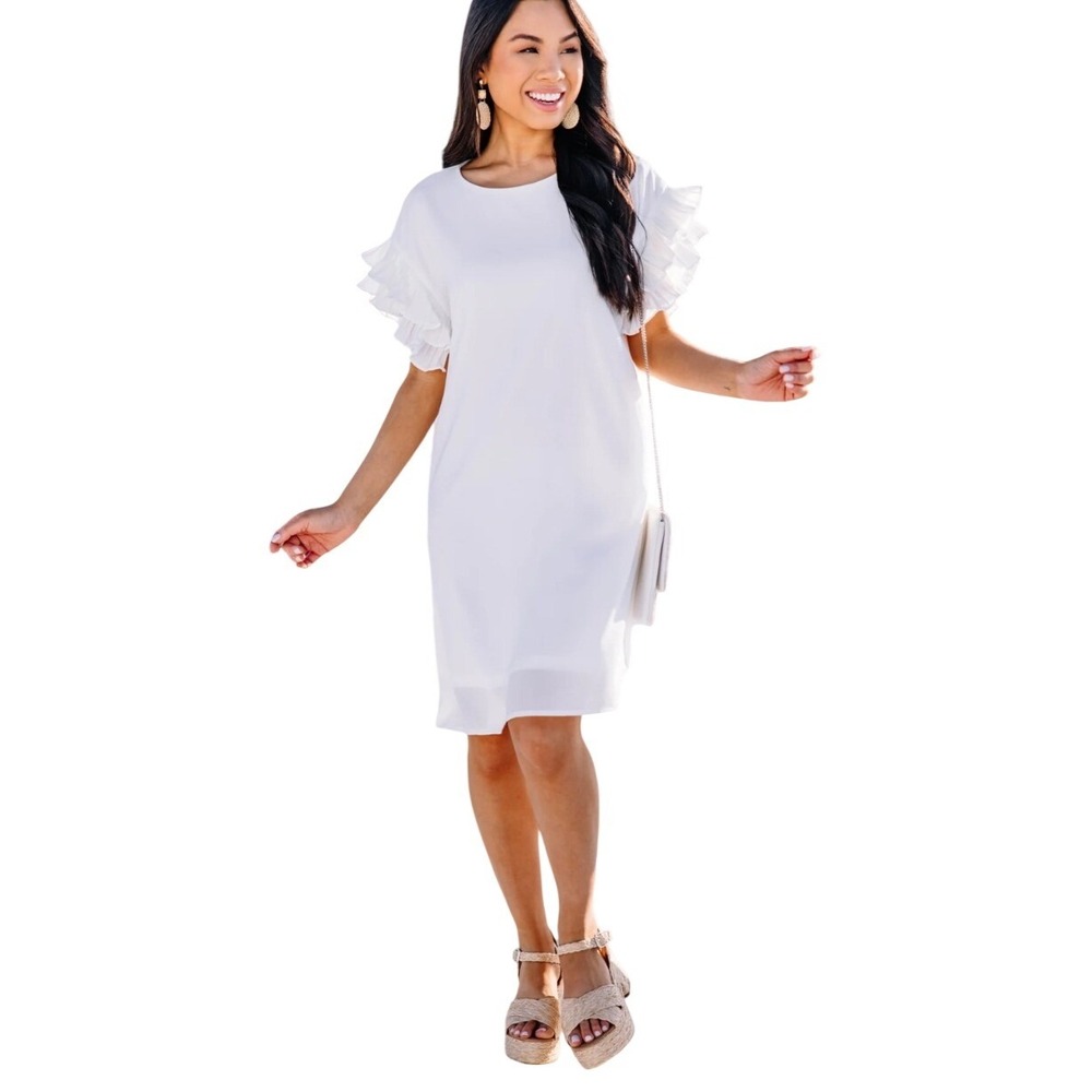 CeCe Antique White Pleated Ruffle Sleeve Shift Dress Classic Womens 6 NEW